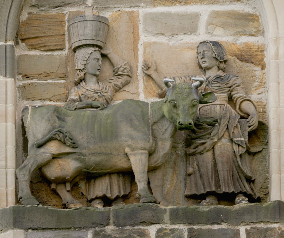 The foundation legend of  @DurhamCathedral tells of milkmaids and a dun cow guiding St Cuthbert's Community to 'Dun Holm' in 995. Here they are in a C18 sculpture on the North Wall of the church.  #AnimalsInChurches  #AnimalsInCathedrals