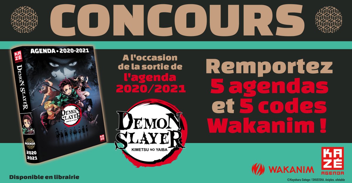Wakanim's tweet photo. 👺 Grand concours avec @KazeFrance  

Tentez de gagner 5 packs avec 1 exemplaire de l’agenda scolaire Demon Slayer + un code 1 mois Wakanim !
Pour participer : #RT + #Follow @Wakanim et @KazeFrance

Tirage au sort : 26/08/2020 https://t.co/TlM2nG2XVw