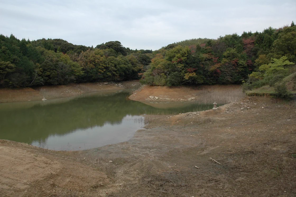 2009年、職場の近所のため池で堤体の工事のために水が抜かれたときに、なにかを祀っているような石が水の中から現れた。これが何なのか、いちどだけ一人の地元の人に聞いたけど分からなかった。  