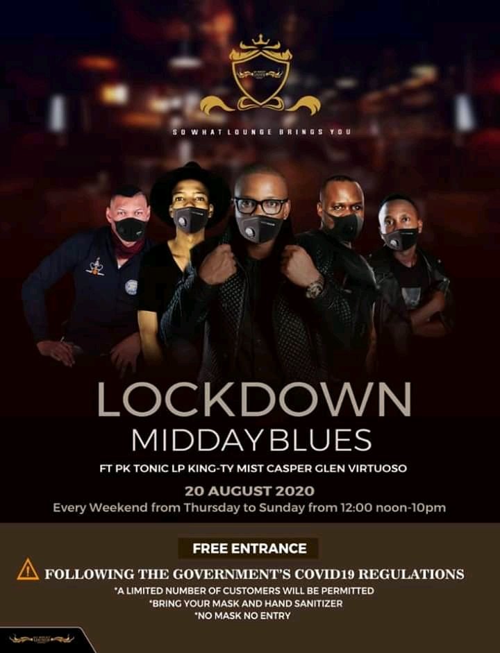 Level 2 sekunjalo 50 people with your mask en senetizer #Stay safe #SoWhatLounge 🔥🔥🔥