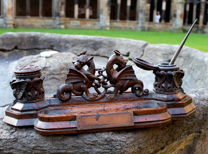 This dragon  inkwell played the part of Professor McGonagall's inkwell during Harry Potter filming  @durhamcathedral. Made in the 19th century and one of a pair, it usually lives in our Refectory Library #AnimalsInChurches  #AnimalsInCathedrals