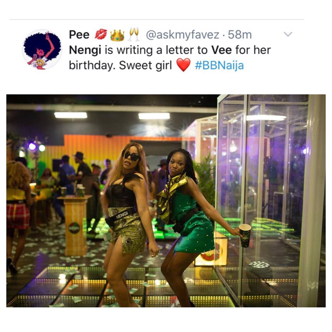 nengiofficial's tweet photo. Happy Birthday @veeiye 💕

Thank you for being a good friend and for always being there for Nengi.

We love you Vee!

Royal Ninjas 🗡️ wishes you an amazing year and a beautiful life

Nengi is even making Jollof rice for Vee. Awww... must be nice ☺️🥰

#BBNaija
#VOTENengiWednesday https://t.co/Z9PYwn8Bto