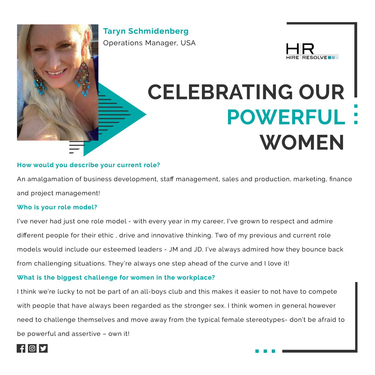 Hire_Resolve's tweet photo. "Don’t be afraid to be powerful and assertive – own it!". 👏💅

Continuing to celebrate the #PowerfulWomen of #HireResolveZA, our #WCW today is Taryn Schmidenberg!
#womensmonth2020 #WomensMonth https://t.co/3yF1vDXm4y