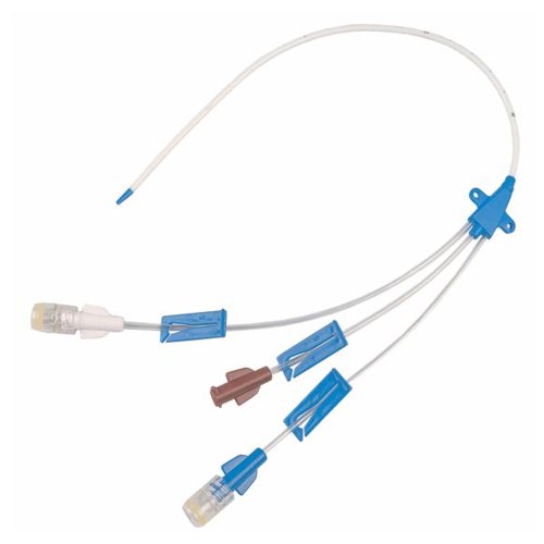 This is a central venous catheter, in case you need certain doses or types of medications that cannot be given safely through a peripheral vein. We stick it either in your neck, under your clavicle or your groin.