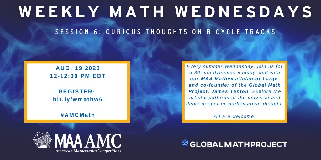 maanow's tweet image. Join us TODAY at 12 pm EDT for our weekly #MathWednesday with @jamestanton. Tune in for some thoughts on the classic mathematics of bicycle tracks. 🚲🚲 See you there! #AMCmath bit.ly/wmathw6
