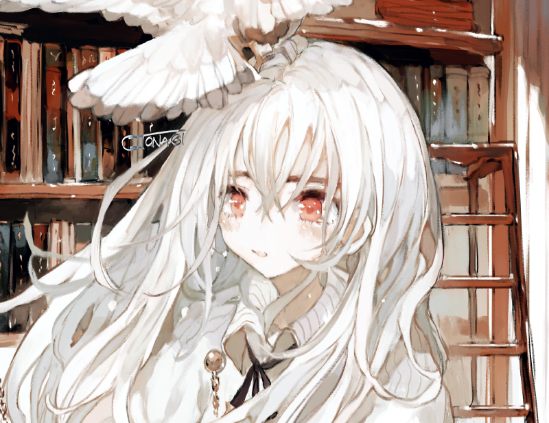 1girl bookshelf long hair white hair red eyes solo hair between eyes  illustration images