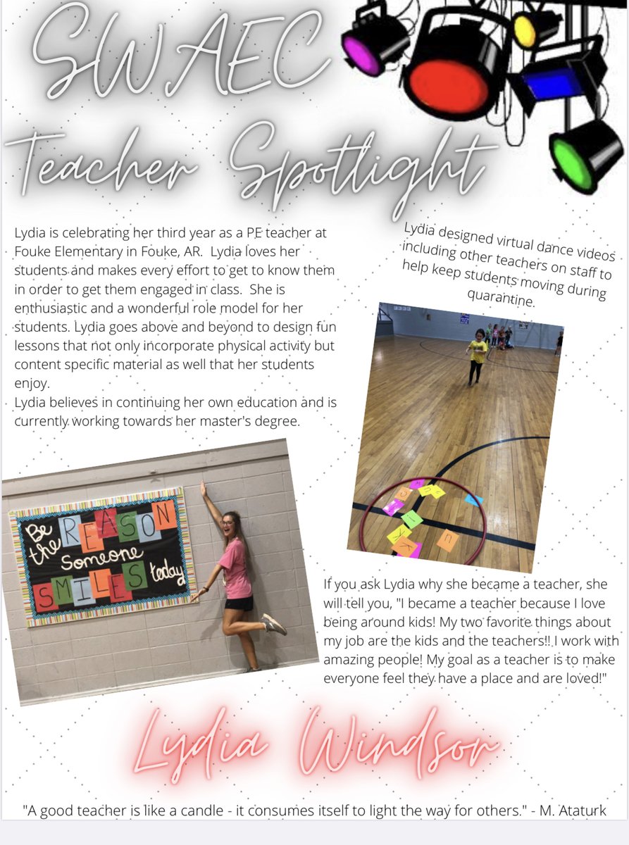 swaec_hope's tweet photo. Congratulations to Lydia Windsor, SWAEC Novice teacher of the month!! Lydia is a PE teacher in the Fouke district. https://t.co/SxkiipuUe6