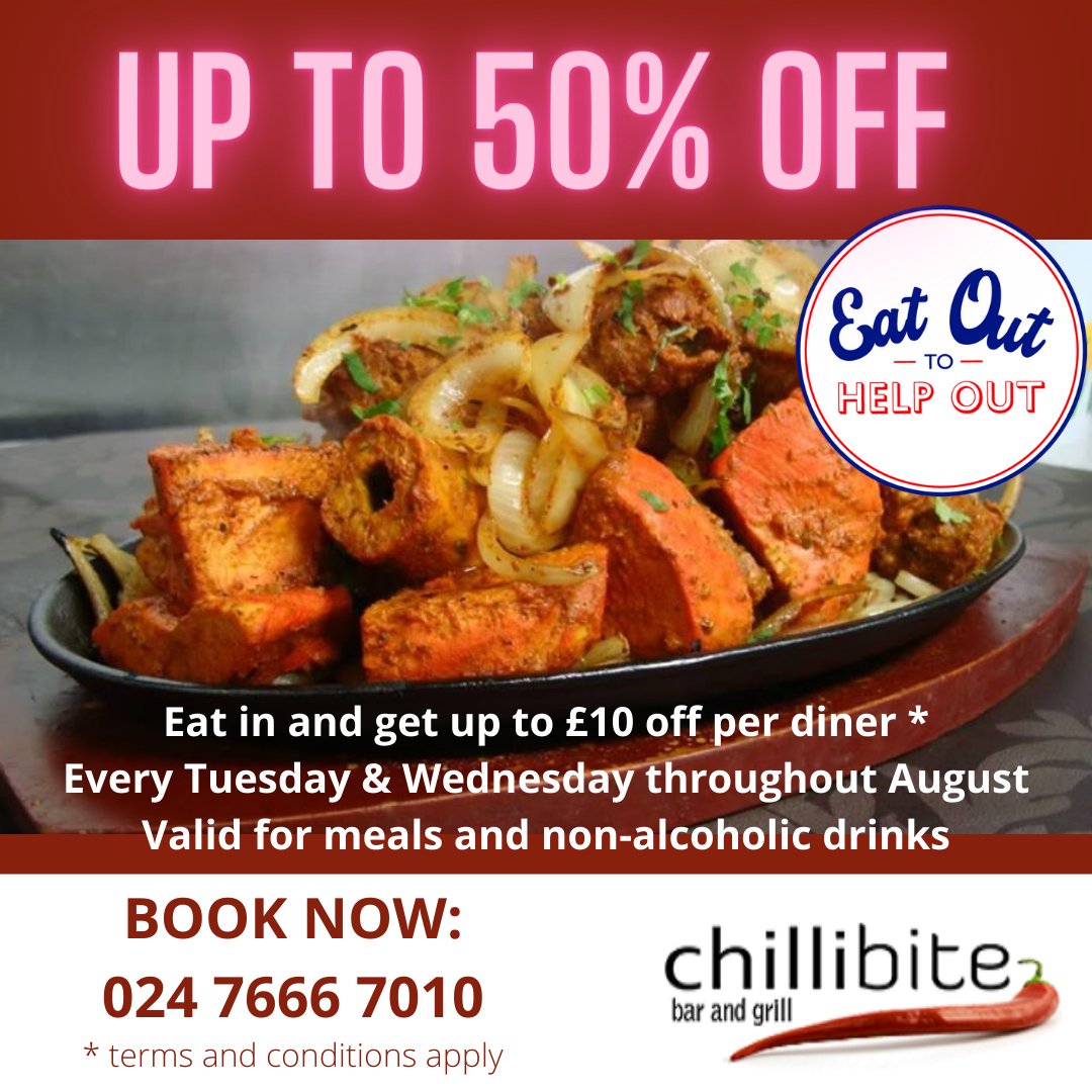 ChilliBiteCov's tweet photo. Good afternoon #WarksBuzz - I hope you're all well.  We just wanted to let our local friends know that we only have two nights left (tonight and tomorrow) as part of the #EatOutToHelpOut scheme - book your table soon!  (Call us after 5pm). 🌶❤ https://t.co/YgP2umFCJt