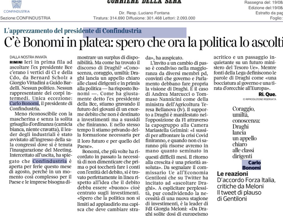 Al #meeting20 ho constatato che #MarioDraghi ha espresso con conoscenza e coraggio quello che <a href="/Confindustria/">Confindustria</a> sostiene da tempo: la politica dei sussidi grava sul #futuro dei #giovani e dell’intero Paese #ServireItalia