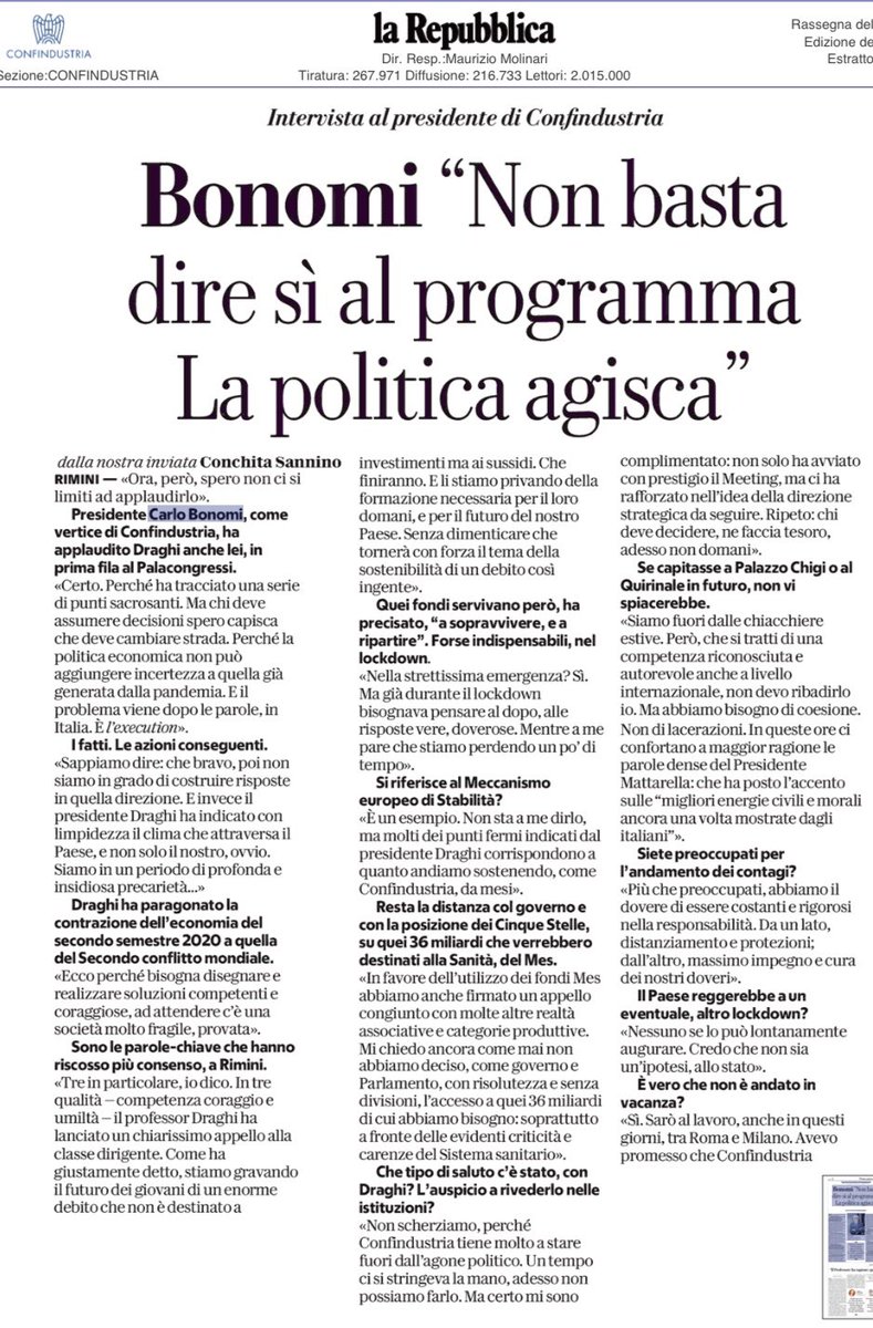 CarloBonomi_'s tweet image. Al #meeting20 ho constatato che #MarioDraghi ha espresso con conoscenza e coraggio quello che @Confindustria sostiene da tempo: la politica dei sussidi grava sul #futuro dei #giovani e dell’intero Paese #ServireItalia