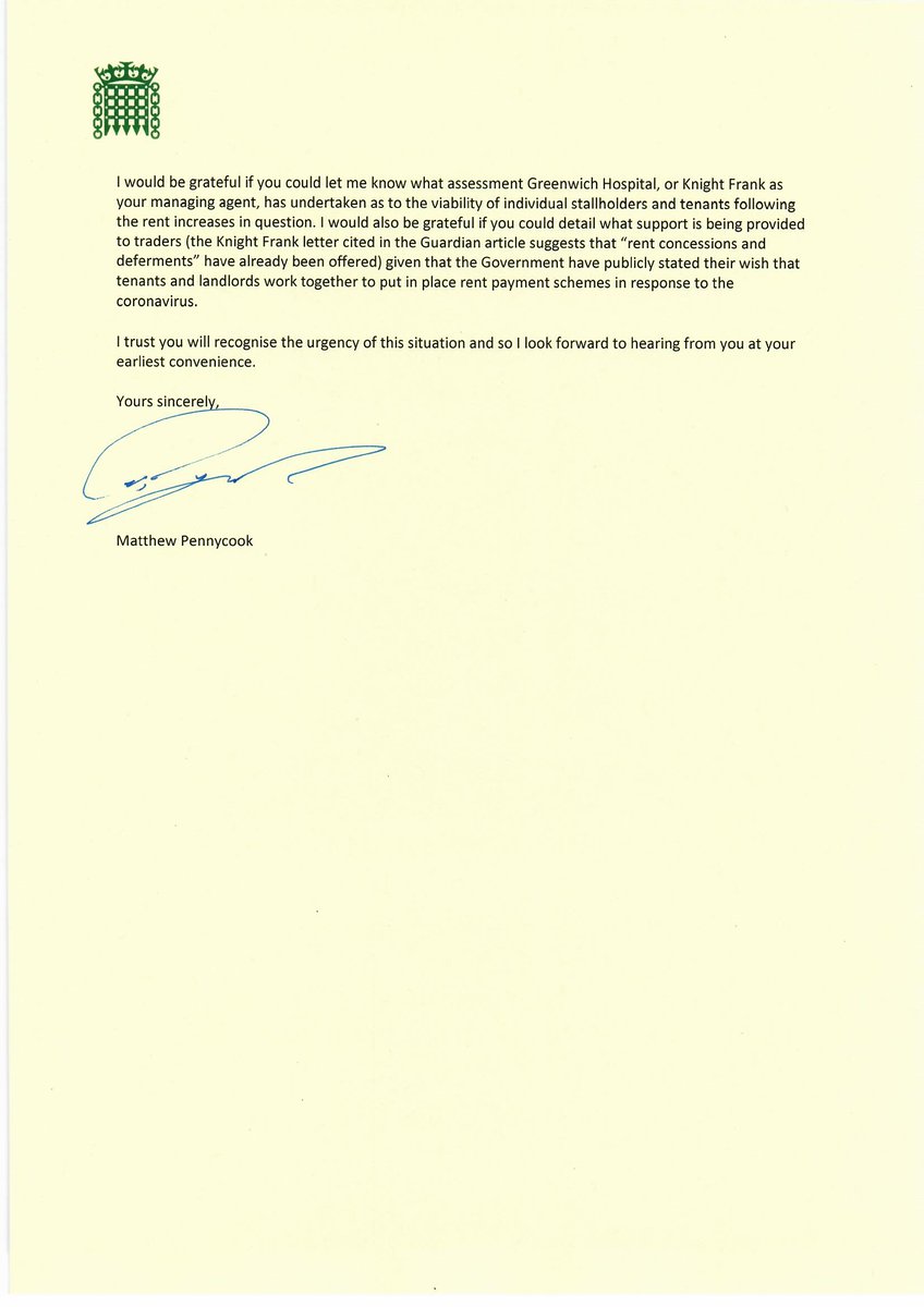 As coverage in today's <a href="/guardian/">The Guardian</a> makes clear, <a href="/greenwichmkt/">Greenwich Market</a> traders are understandably concerned that rent hikes in the midst of a pandemic will force them out of business. I've written to their landlord, <a href="/Greenwich_Hosp/">Greenwich Hospital</a>, today in the hope they'll reconsider their decision.