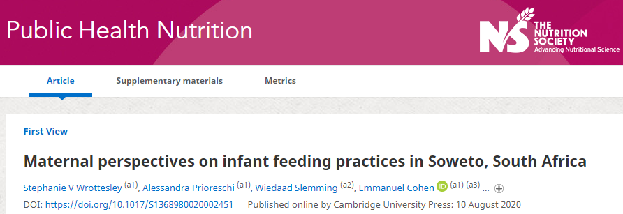 DPHRU_SA's tweet photo. 🙌🏾🎉 to DPHRU 1st author  #StephanieWrottesley &amp; co-authors #WiedaadSlemming @A_Prioreschi #EmmanuelCohen, #CindyLeeDenis&amp; #ProfShaneNorris (2020). Maternal perspectives on infant feeding practices in Soweto, SA. Public Health Nutrition 
https://t.co/64hNXtQE3h https://t.co/k5PoqHqSQf