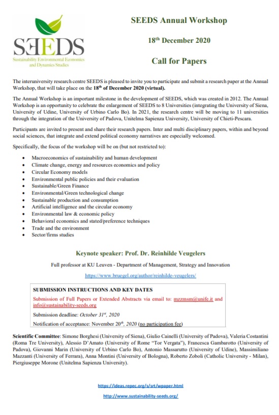 SEEDS (@economicsseeds) on Twitter photo #callforpapers SEEDS Annual Workshop 2020 Dec 18 2020 #online
deadline for #submissions Oct 31
notification of #acceptance Nov 20
contact mzzmsm@unife.it info@sustainability-seeds.org
#circulareconomy #policyanalysis #economicpolicy #greenfinance #environmentaleconomics #callforpapers SEEDS Annual Workshop 2020 Dec 18 2020 #online
deadline for #submissions Oct 31
notification of #acceptance Nov 20
contact mzzmsm@unife.it info@sustainability-seeds.org
#circulareconomy #policyanalysis #economicpolicy #greenfinance #environmentaleconomics