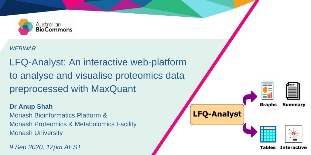 Proteomics data generated by advanced mass-specs can be difficult. <a href="/MrAnupShah/">Anup Shah</a> says LFQ Analyst offers streamlined statistical analysis &amp; visualisation of complex label-free quantitative proteomics datasets. Webinar 9/9/20: biocommons.org.au/events @FacilityMonash &amp; <a href="/MonashBioinfo/">MonashBioinformatics</a>