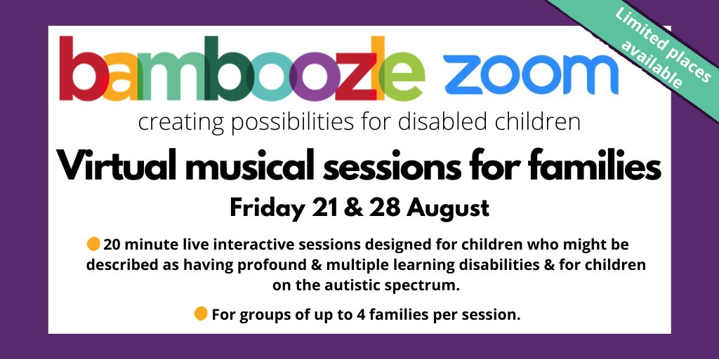 Join our musical Zoom sessions on 21 &amp; 28 Aug! Designed for children who might be described has having profound &amp; multiple learning disabilities &amp; for children on the autistic spectrum, our Zooms are personalised for groups of 4 families 💜 To register: ow.ly/vVpK50B3mXV