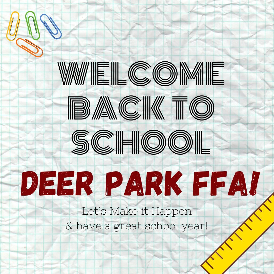 DeerParkFFA's tweet photo. Happy first day back Deer Park FFA! We hope you have a wonderful school year! 📚✏️ 
#MakeItHappen #DPFFA #DPISD #FFA #FIrstDayOfVirtualSchool https://t.co/FGRicTKx6i