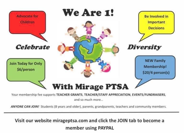 💚Have you signed up to be a member of Mirage PTSA yet?💚
❤️We have a General Meeting coming up on Thursday, August 20th, at 6pm AND you must be a member to vote!❤️
💙Please consider joining us💙
