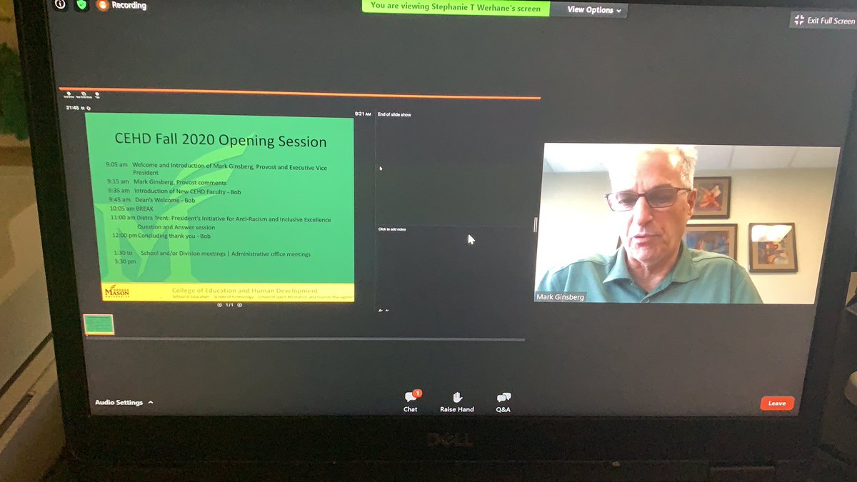 Feels great to kick off <a href="/MasonCEHD/">George Mason CEHD</a> today as we hear from @mrg17  - enrollment is up, freshman move in today, Mason is ready to go... #maskup as we stay safe and continue Access To Excellence!