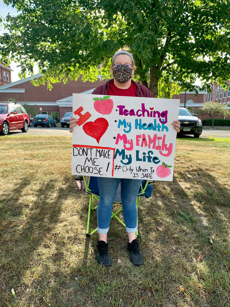 massteacher's tweet photo. Don’t make me choose! Educators from #Greenfield, #Orange, #Northampton, #PioneerValleyRegional and #UMassAmherst are protesting this morning in Greenfield. #OnlyWhenItsSafe https://t.co/ysSeptFhCw