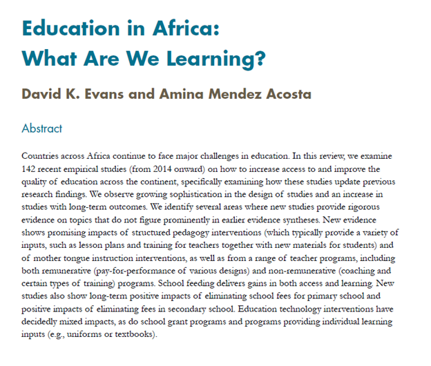 DaveEvansPhD's tweet photo. “Education in Africa: What Are We Learning?”

In our new working paper, @AcostaAminaM and I synthesize more than 140 evaluations of education interventions in Africa since 2014.

Working paper: https://t.co/6VC2NvYUuf 

Summary blog post: https://t.co/VMrpHUInaj

[Thread below] https://t.co/kLG0QvPouR