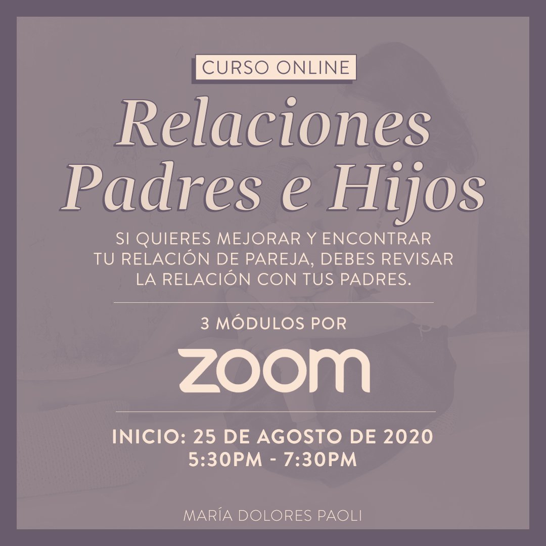 Taller online: Relaciones Padres e Hijos. A partir del 25 de Agosto de 2020, 5:30pm hora Miami.

Contáctame para más información y reservar tu cupo:

💌: mdpaoli@gmail.com