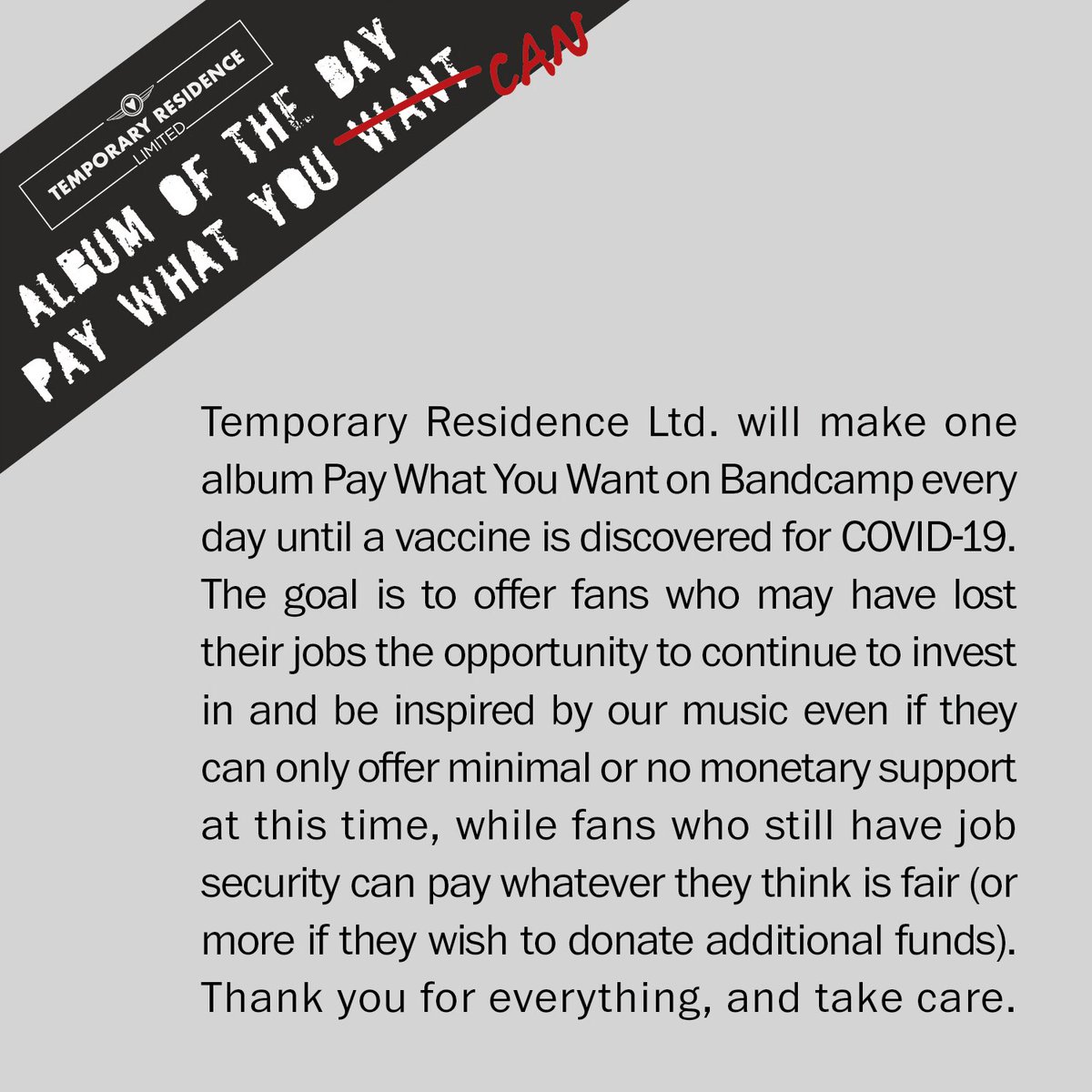 A new <a href="/TempResLtd/">Temporary Residence Ltd.</a> album offered as Pay What You Want on <a href="/Bandcamp/">bandcamp</a> every day until a vaccine is discovered for COVID-19. Today is Saariselka's The Ground Our Sky, the trascendent ambient Americana from collaborators Marielle Jakobsons and Chuck Johnson: saariselka.bandcamp.com/album/the-grou…