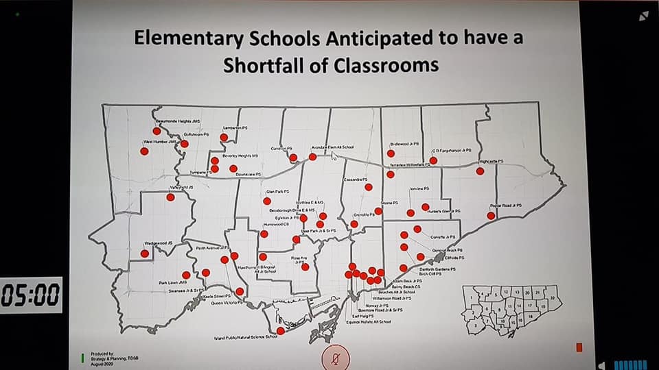 Interesting map from <a href="/tdsb/">Toronto District School Board</a> meeting last night- look at all the schools where there isn't enough space to safely spread out our kids. Happy to hear from our #BEY councillor <a href="/BradMBradford/">Brad Bradford</a> that the city is working to find alternate learning locations, but we are running out of time