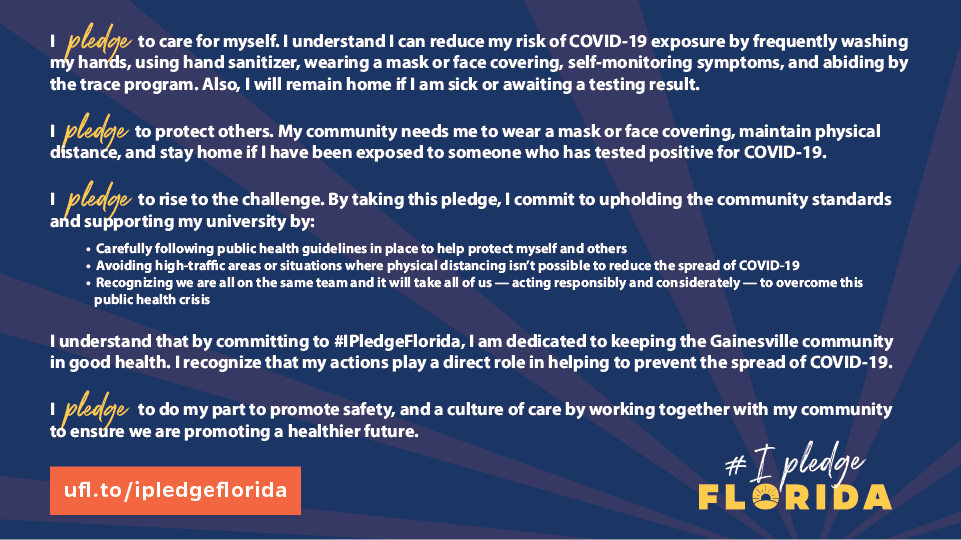 essie_uf's tweet photo. Have you taken the pledge? Join UF faculty, staff and students in committing to keep our community in good health by taking the COVID safety pledge and honoring it during the upcoming semester. 🐊😷#GatorsWearMasks

#IPledgeFlorida https://t.co/4i1pdT11Xe