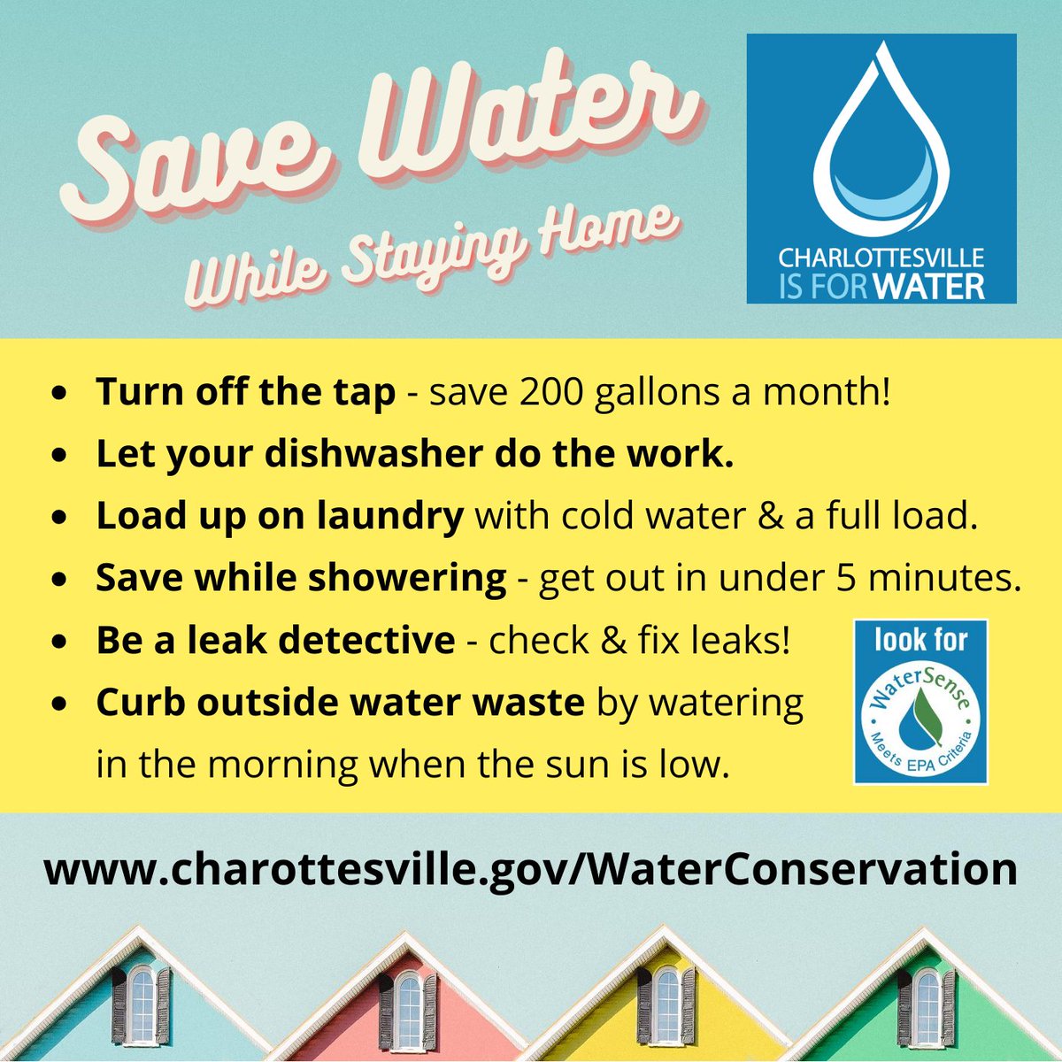 CvillePW's tweet photo. #WTW- Save Water While Staying Home!🏡💦
💧Turn of the tap when you brush your teeth
💧Run full loads of laundry & in your dishwasher
💧Take the 5 min shower challenge
💧Check & fix leaks
💧Reduce outdoor water waste & water early
https://t.co/0KUE8WocTh
#CvilleWater #SaveAtHome https://t.co/bfExr7nQs2