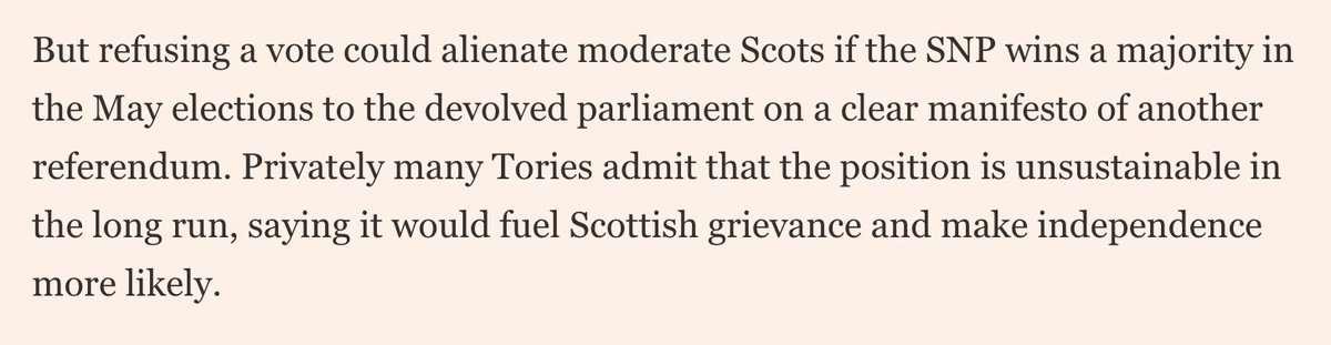  Privately, many Tories admit that, if the SNP wins a majority on a clear manifesto of another referendum, refusing a vote is unsustainable in the long run.