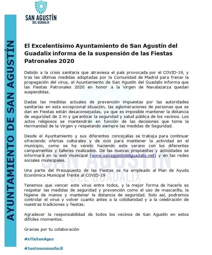 Desde <a href="/policiasag/">@PoliciaSAG</a> compartimos la información de <a href="/AytoSanAgustin/">Ayto San Agustin</a> acerca de la suspensión de las Fiestas Patronales 2020 en honor a la Virgen de Navalazarza. 
Todos juntos lograremos superar esta pandemia que tanto daño está haciendo. 
#XTixSanAgus
#JuntosEsMasFacil
