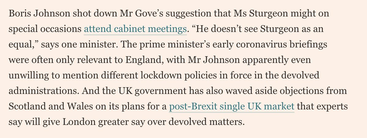  But Boris Johnson "doesn't see Sturgeon as an equal" and refused to engage with aspects of Gove's plan. At the same time his government are using Brexit as an excuse to grab powers reserved for the Scottish Parliament.