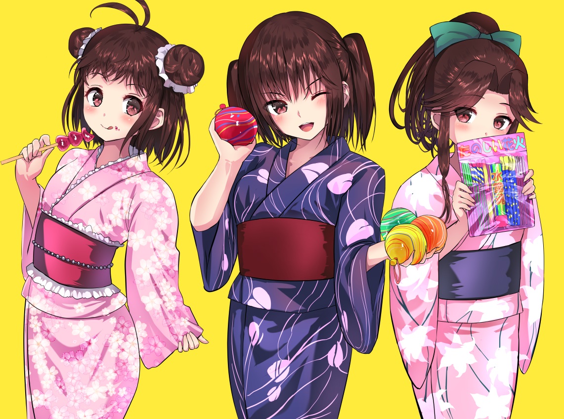 jintsuu (kancolle) ,naka (kancolle) ,sendai (kancolle) multiple girls 3girls japanese clothes brown hair double bun hair bun kimono  illustration images