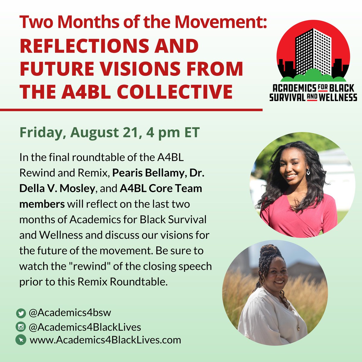 Academics for Black Lives (@academics4bsw) on Twitter photo 📣#Academics4BlackLives:
Two Months of the Movement: Reflections and Future Visions from the A4BL Collective
Friday, August 21, 4 pm ET
Pearis Bellamy, Dr. Della V. Mosley, and A4BL Core Team members will reflect on the last two months. <a href="/DellaVMosley/">dr. della is naming herself (she/they)</a> @professionallyp 📣#Academics4BlackLives:
Two Months of the Movement: Reflections and Future Visions from the A4BL Collective
Friday, August 21, 4 pm ET
Pearis Bellamy, Dr. Della V. Mosley, and A4BL Core Team members will reflect on the last two months. <a href="/DellaVMosley/">dr. della is naming herself (she/they)</a> @professionallyp