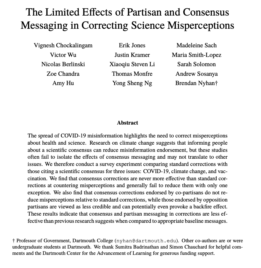 BrendanNyhan's tweet photo. New w/my @dartmouth students: The Limited Effects of Partisan and Consensus Messaging in Correcting Science Misperceptions
https://t.co/lNy5i9Td6D

Across three issues, we find that consensus and partisan messaging in corrections are less effective than previous research suggests https://t.co/xoQVomsRrU