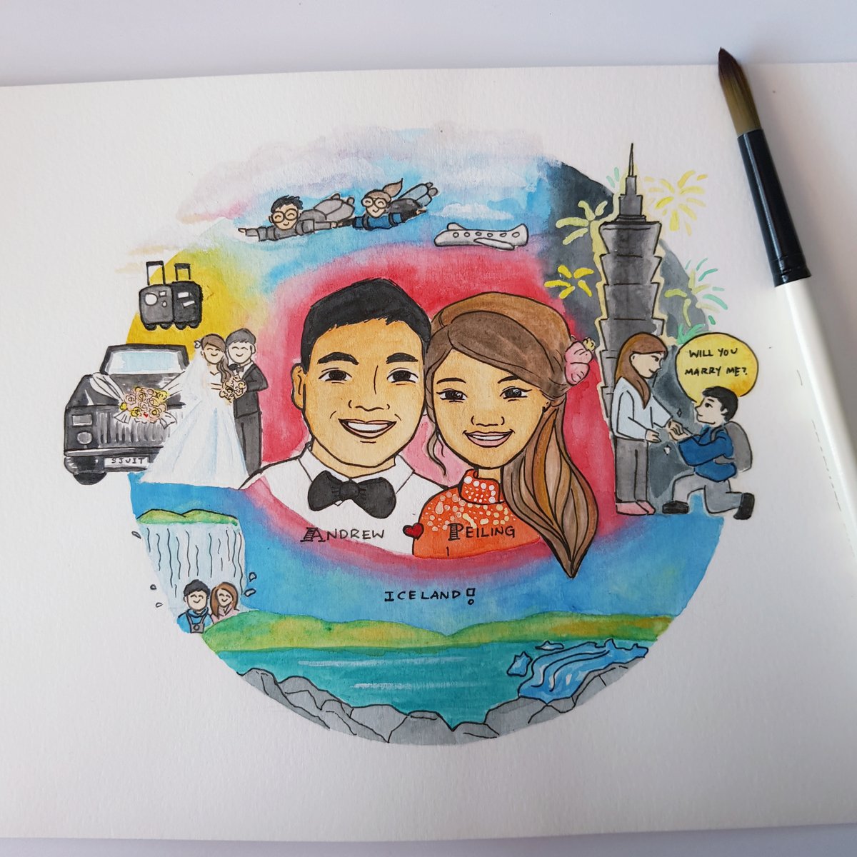 If we could choose to draw the things that remind us of our love, what would they be? Commissioned illustration for a lovely couple!

#onglaiart #ongweiting #watercolour #gouache #weddingartwork #weddinganniversary #commissionedartwork #love #couple #illustration #sgartist