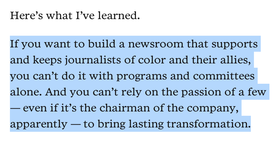 Important read on newsroom diversity from  @kathyluwho: "This current moment has brought a widespread reckoning to journalism that I’ve not seen before. Dear newsrooms: Take advantage of it." https://www.poynter.org/ethics-trust/2020/im-a-minority-journalism-program-alum-and-leader-news-flash-these-programs-arent-enough/?utm_source=Pew+Research+Center&utm_campaign=f156611f54-EMAIL_CAMPAIGN_2020_08_19_01_25&utm_medium=email&utm_term=0_3e953b9b70-f156611f54-399357413