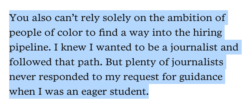 Important read on newsroom diversity from  @kathyluwho: "This current moment has brought a widespread reckoning to journalism that I’ve not seen before. Dear newsrooms: Take advantage of it." https://www.poynter.org/ethics-trust/2020/im-a-minority-journalism-program-alum-and-leader-news-flash-these-programs-arent-enough/?utm_source=Pew+Research+Center&utm_campaign=f156611f54-EMAIL_CAMPAIGN_2020_08_19_01_25&utm_medium=email&utm_term=0_3e953b9b70-f156611f54-399357413