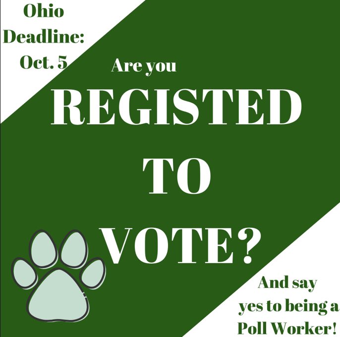 PowerThePollsOU's tweet photo. The deadline to register to vote in Ohio is October 5th! Go to https://t.co/wtbRAe7eZZ for more information and to register to vote. When registering you can select to be a Precinct Election Official - another name for Poll Worker!
#bobcatspowerthepolls #powerthepolls https://t.co/R7JphYPQwM
