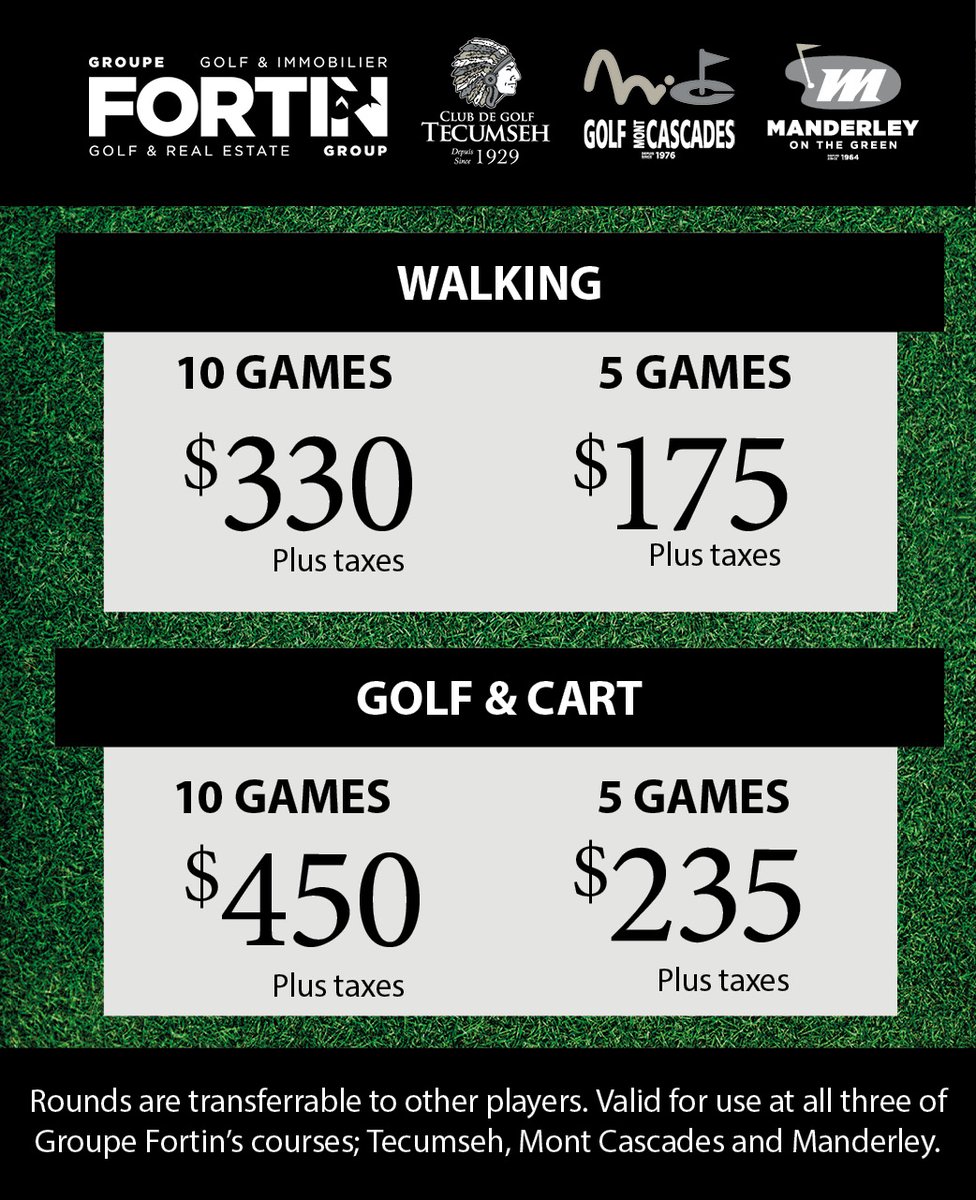 New golf packages now available! Our prepaid golf packages provide a great opportunity to play golf and save! Prepaid golf packages are transferrable to other players and valid for use at all three of Groupe Fortin’s courses, including Manderley, Tecumseh, and Mont Cascades.