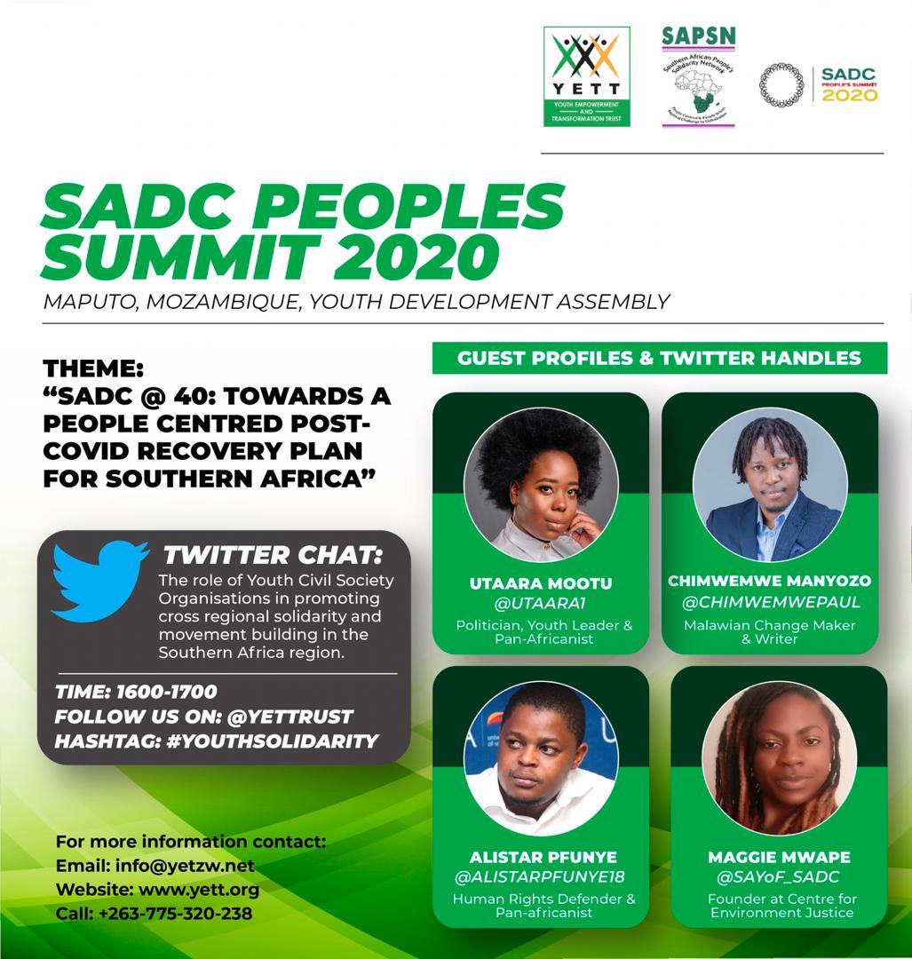 YetTrust's tweet photo. Welcome to our SADC People's Summit 2020 #TwitterChat our topic is:

“The role of Youth CSOs in promoting cross regional solidarity and movement building in the Southern Africa region.”

The conversation will be moderated by @mrtatendazuze.
#YouthSolidarity #YouthParticipate https://t.co/cke9lBkF0n