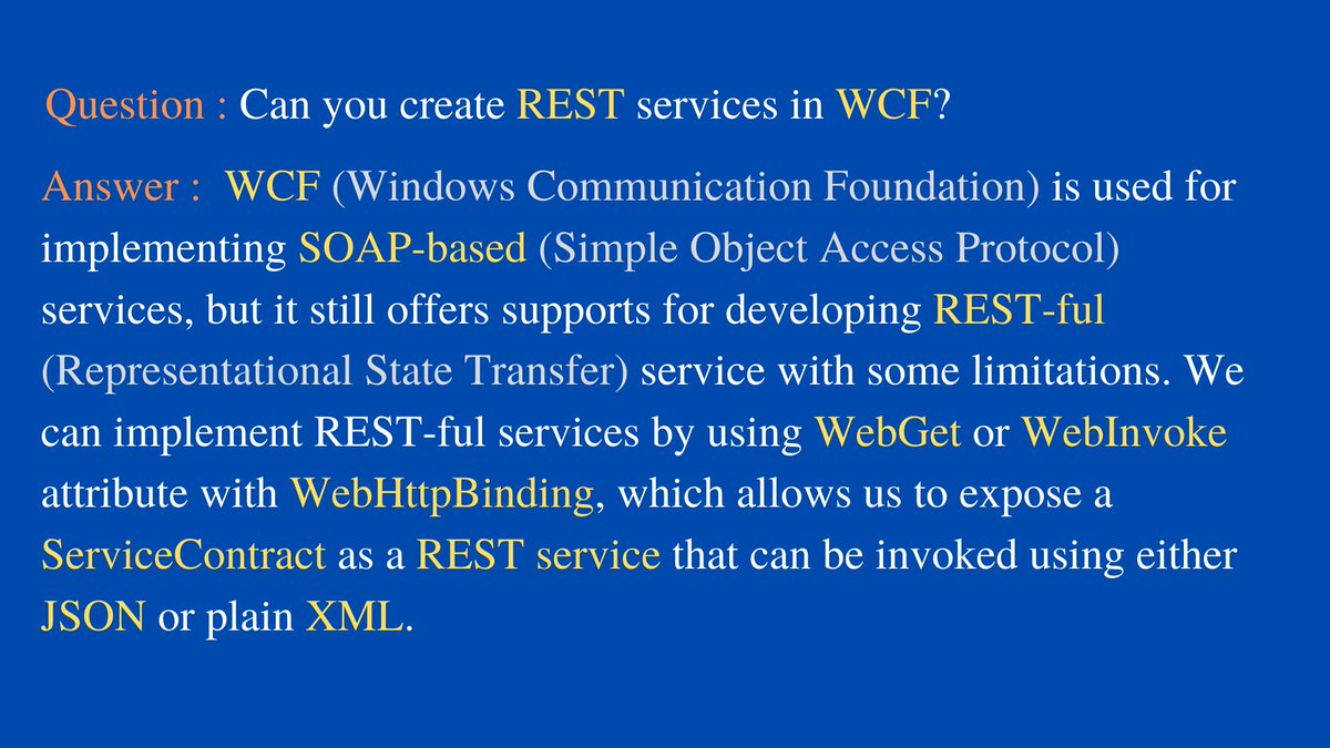 TechPointFunda's tweet image. Question: Can you create REST services in WCF?
#InterviewQuestionsAndAnswersByTechPointFundamentals
#WCFInterviewQuestionsAndAnswers
#InterviewQuestionsAndAnswers