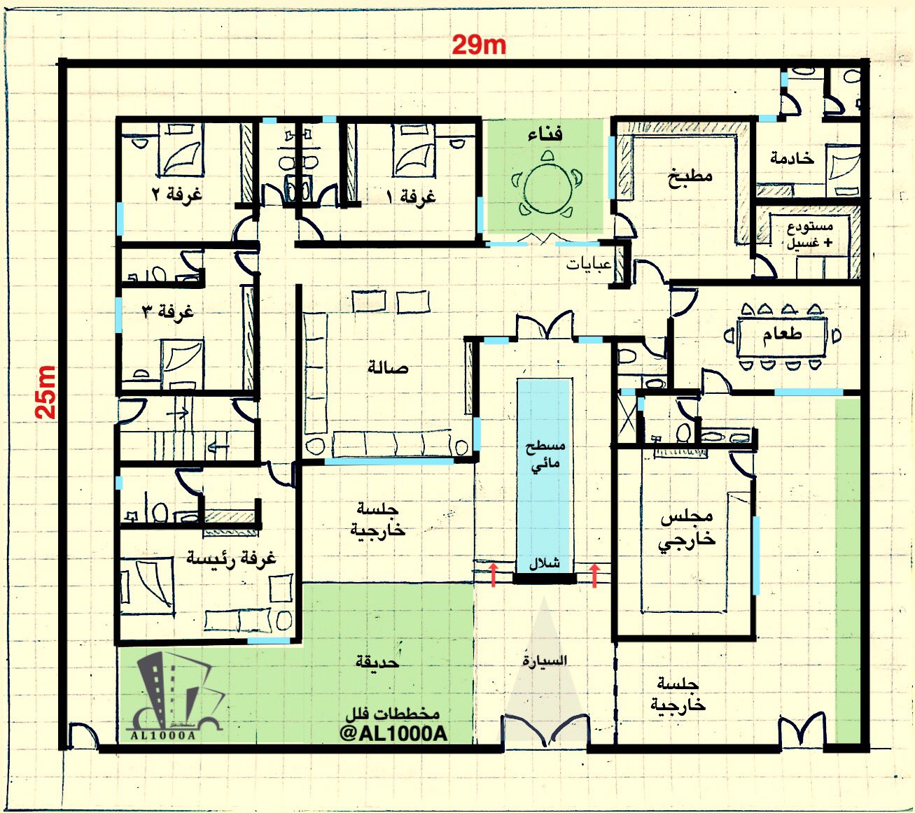 مخططات فلل No Twitter مخططات دور واحد مخطط دور واحد مساحة الارض 25x29 مسطح البناء 369 م٢