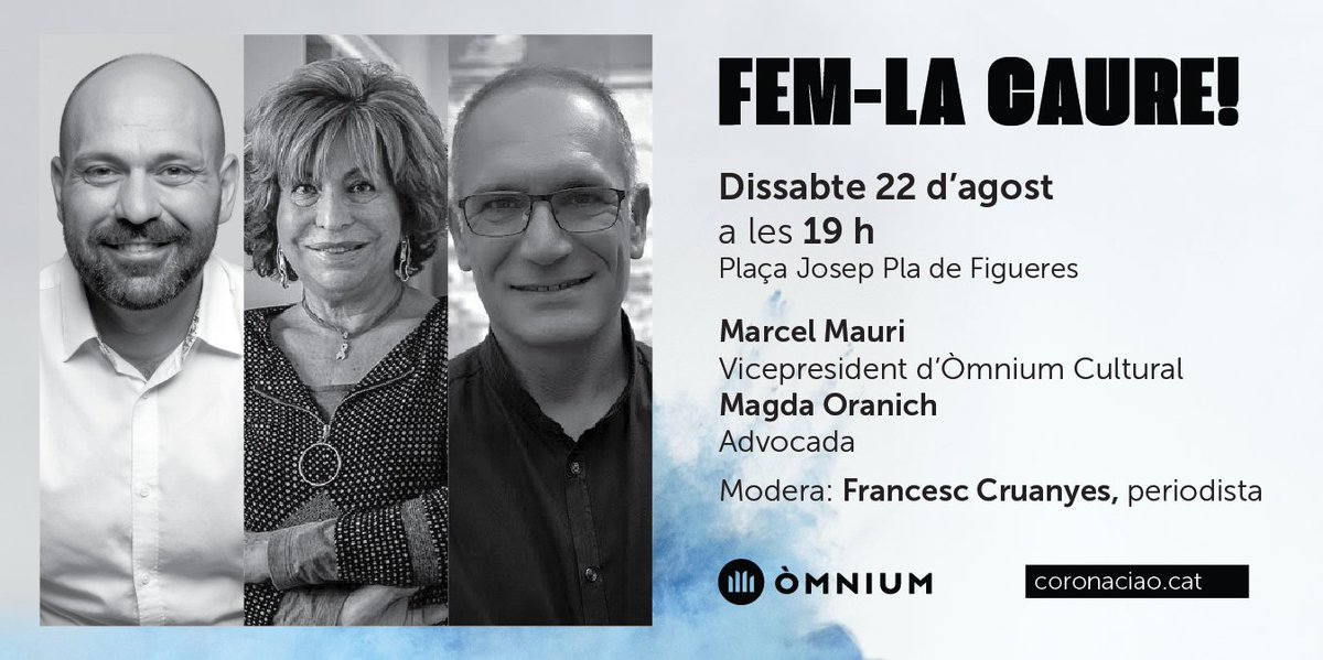 ❌👑 Aquest dissabte podràs gaudir d'aquest acte contra la corona!

📅 Dissabte 22 d'agost
🕗 a les 19h
📍 a la Plaça Josep Pla de Figueres

🎙️ Amb <a href="/marcelmauri/">Marcel Mauri de los Rios</a> i <a href="/MagdaOranich/">Magda Oranich</a>. Moderat per <a href="/fcesccruanyes/">Francesc Cruanyes</a>

No t'ho perdis! #CoronaCiao