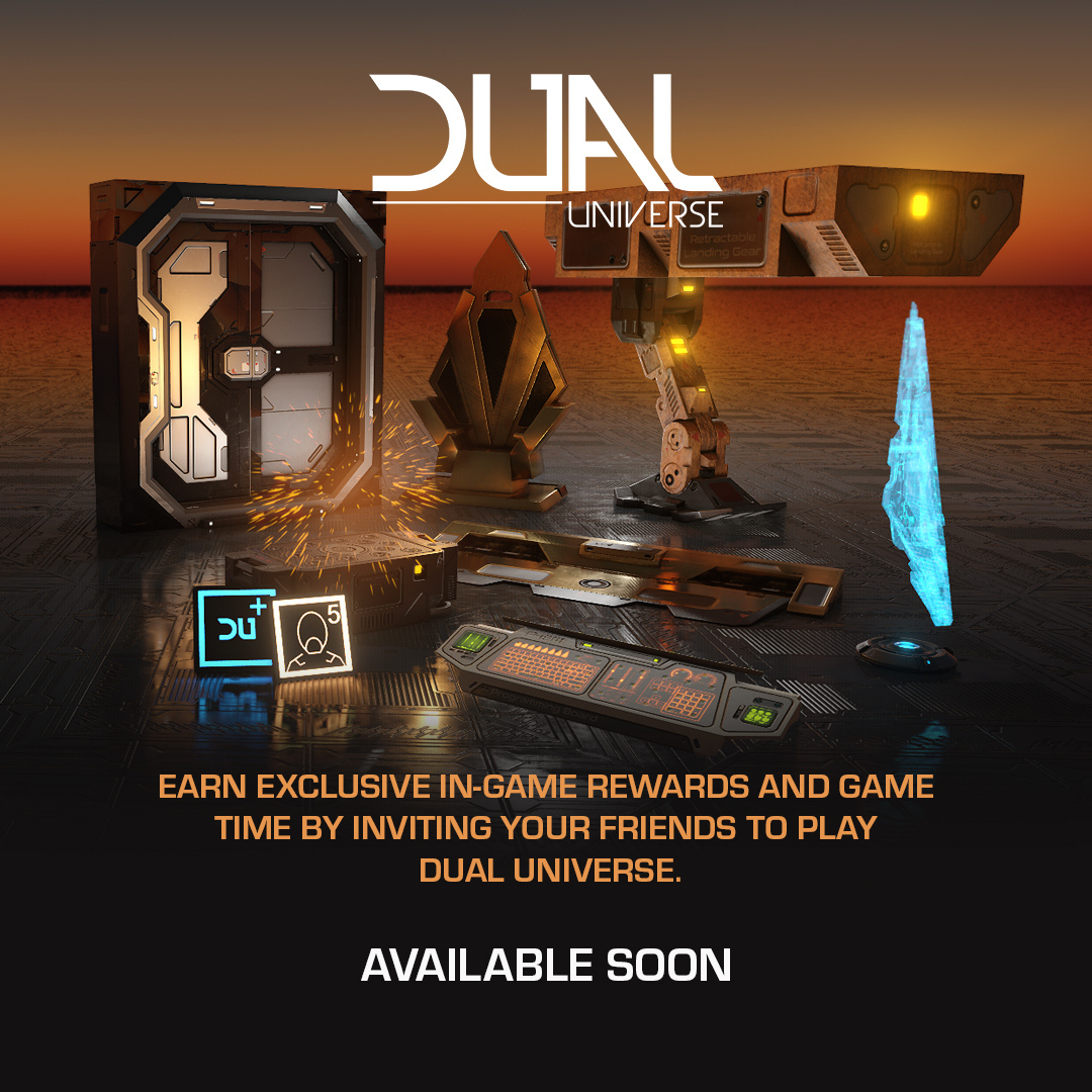 dualuniverse's tweet image. Our new Recruit-a-Friend program, which will arrive at the start of Beta on August 27th, will allow players to earn great in-game rewards and free game time every time one of their friends purchases game time on #DualUniverseBeta. Visit the link below 🤝

dualthegame.com/en/news/2020/0…