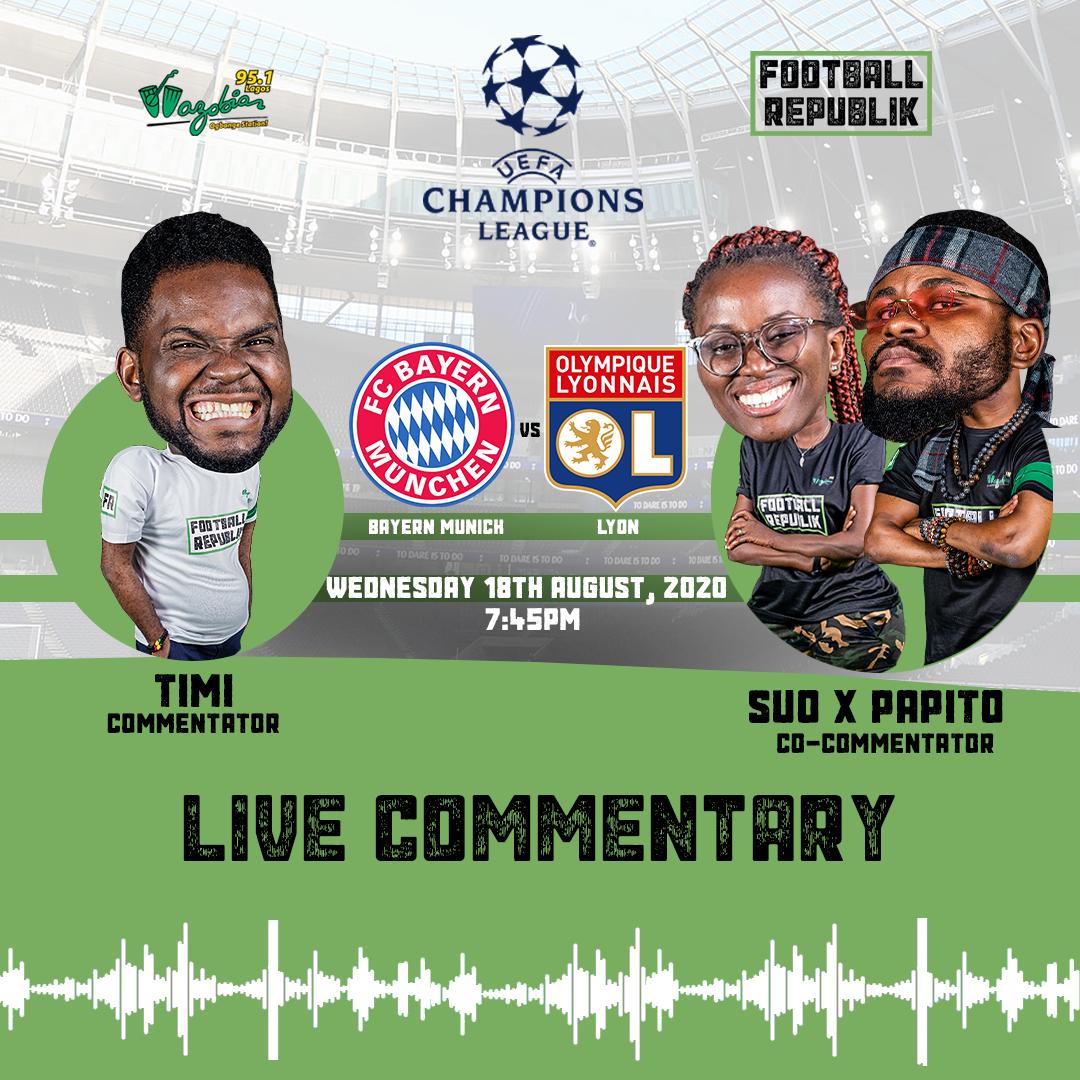 Wazobia_FM's tweet image. If gbege go shele tonight Na ontop @fcbayern vs @ol semifinal e go happen @7:45pm 
To make every joli and splendor @timirhema X @officialsuo X @papitowazobiafm don ready dia self to sama una selense #pidgincommentary You fit listen frm any part of world through #wazobiafm951 app