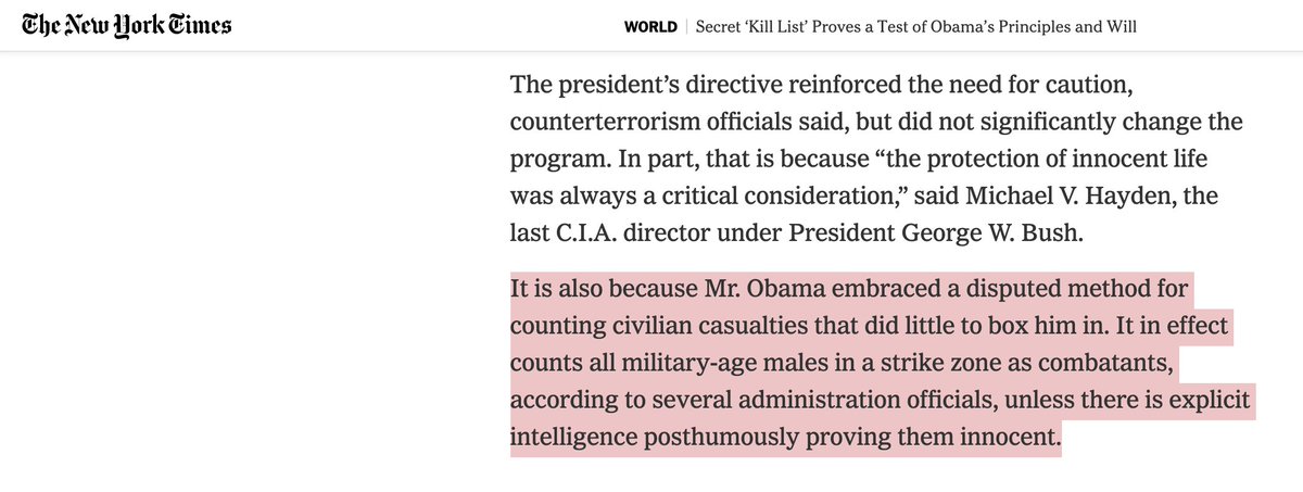 The use of "Fighting Age Males" is particularly concerning, because it is lifted directly from the American playbook.As NYT reported in 2012, Obama treated all "military-age males" (any 16+ male who happens to be in the wrong place at the wrong time) as "combatants."