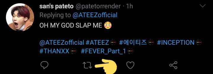 - RETWEETING ANY TWEET REGARDLESS THE CONTENT WITH THE PROPER TAGS COUNTS. Even a twitter reply in an ATEEZ tweet counts! For example, a reply like this:Sorry user  @patetorrender, you're the only reply with the proper tags that I found  #ATEEZ    #에이티즈    @ATEEZofficial