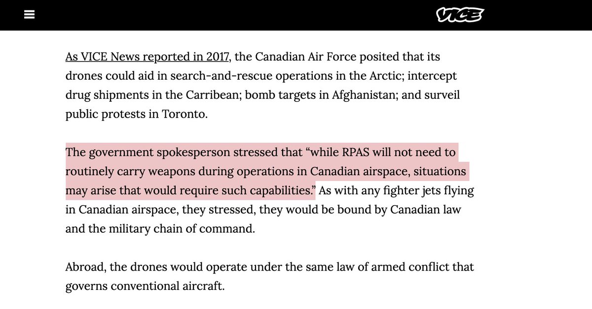 Even more concerning, the government acknowledged that “while [Canadian drones] will not need to routinely carry weapons during operations in Canadian airspace, situations may arise that would require such capabilities.”Domestically-deployed armed drones should be a nonstarter.