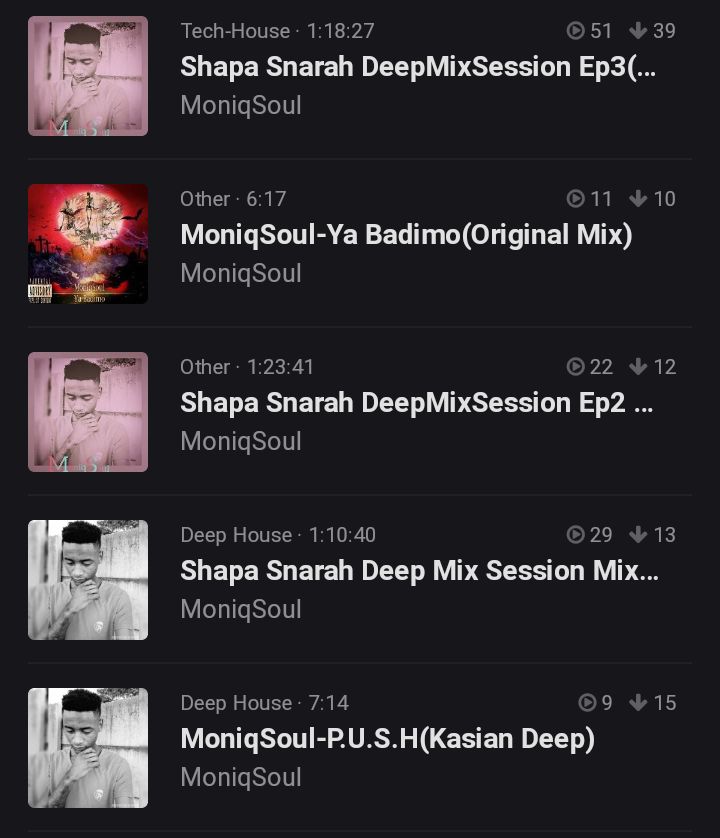 5 uploads

2 tracks And 3 Mixtapes 

Please check Hearthis and Search MoniqSoul🙏🙏🙏